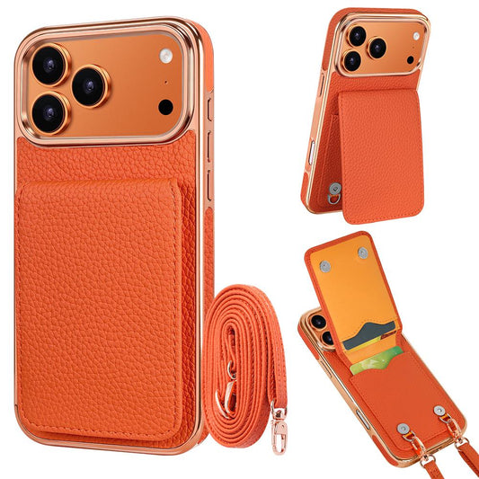 Compatible with iPhone 18 Pro Max VIETAO Litchi Texture Wallet PU Phone Case with Lanyard - Orange