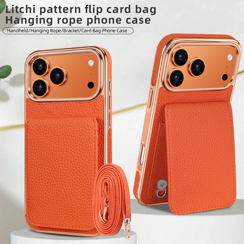 Compatible with iPhone 18 Pro Max VIETAO Litchi Texture Wallet PU Phone Case with Lanyard - Orange