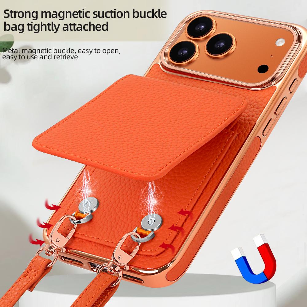 Compatible with iPhone 18 Pro Max VIETAO Litchi Texture Wallet PU Phone Case with Lanyard - Orange