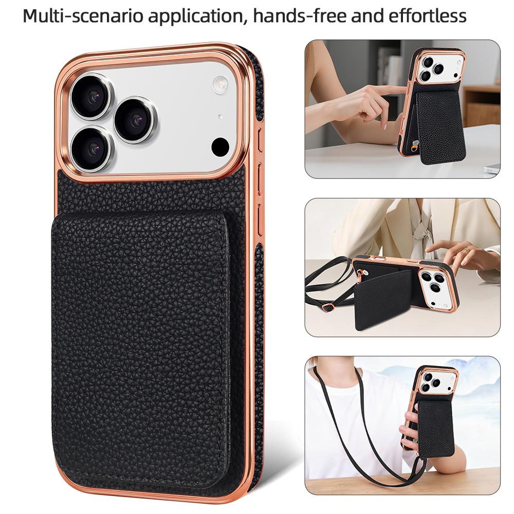 Compatible with iPhone 18 Pro VIETAO Litchi Texture Wallet PU Phone Case with Lanyard - Black