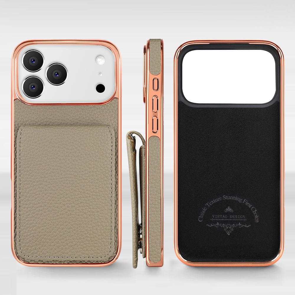 Compatible with iPhone 18 Pro VIETAO Litchi Texture Wallet PU Phone Case with Lanyard - Grey