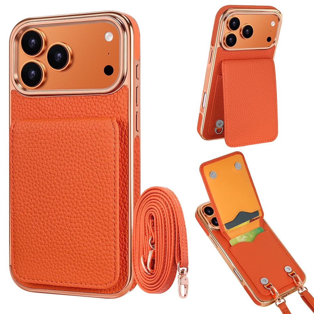 Compatible with iPhone 18 Pro VIETAO Litchi Texture Wallet PU Phone Case with Lanyard - Orange