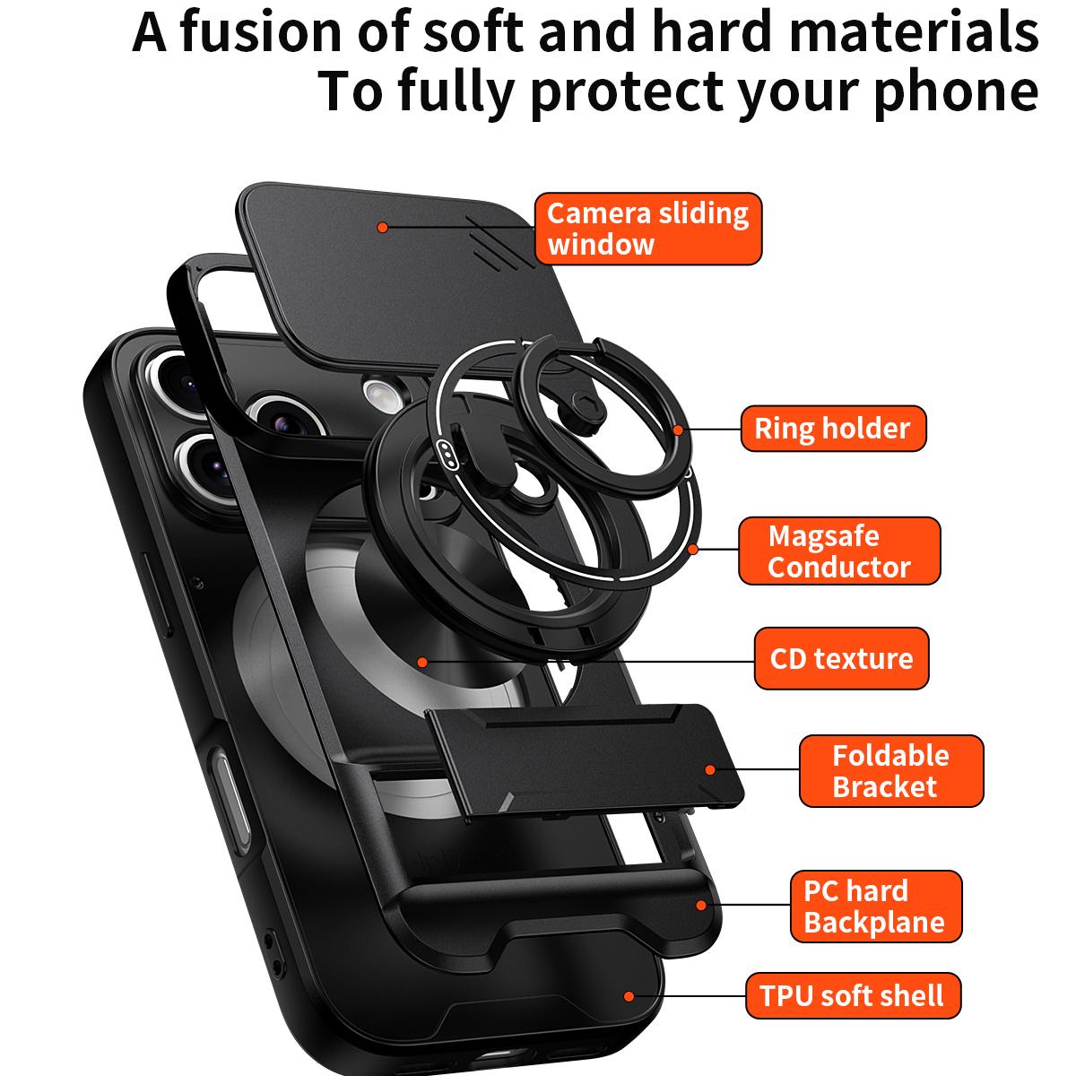 Compatible with iPhone 18 Pro Max Lens Sliding Window Multifunctional Magnetic Shockproof Phone Case - Black
