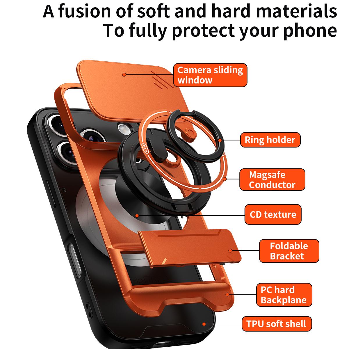 Compatible with iPhone 18 Pro Max Lens Sliding Window Multifunctional Magnetic Shockproof Phone Case - Orange
