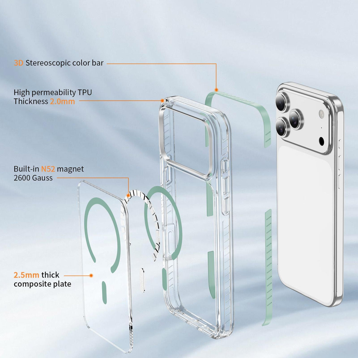 Compatible with iPhone 18 Pro Max Crystal Shield Clear Magnetic Acrylic Dual-Layer TPU Phone Case - Mint Green