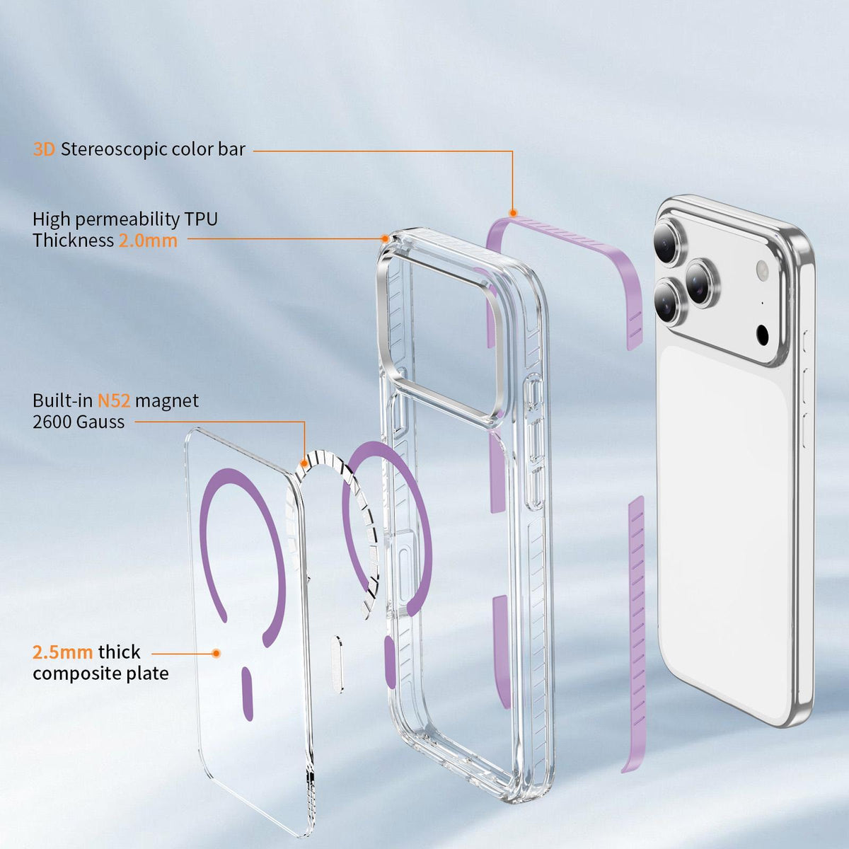 Compatible with iPhone 18 Pro Max Crystal Shield Clear Magnetic Acrylic Dual-Layer TPU Phone Case - Purple