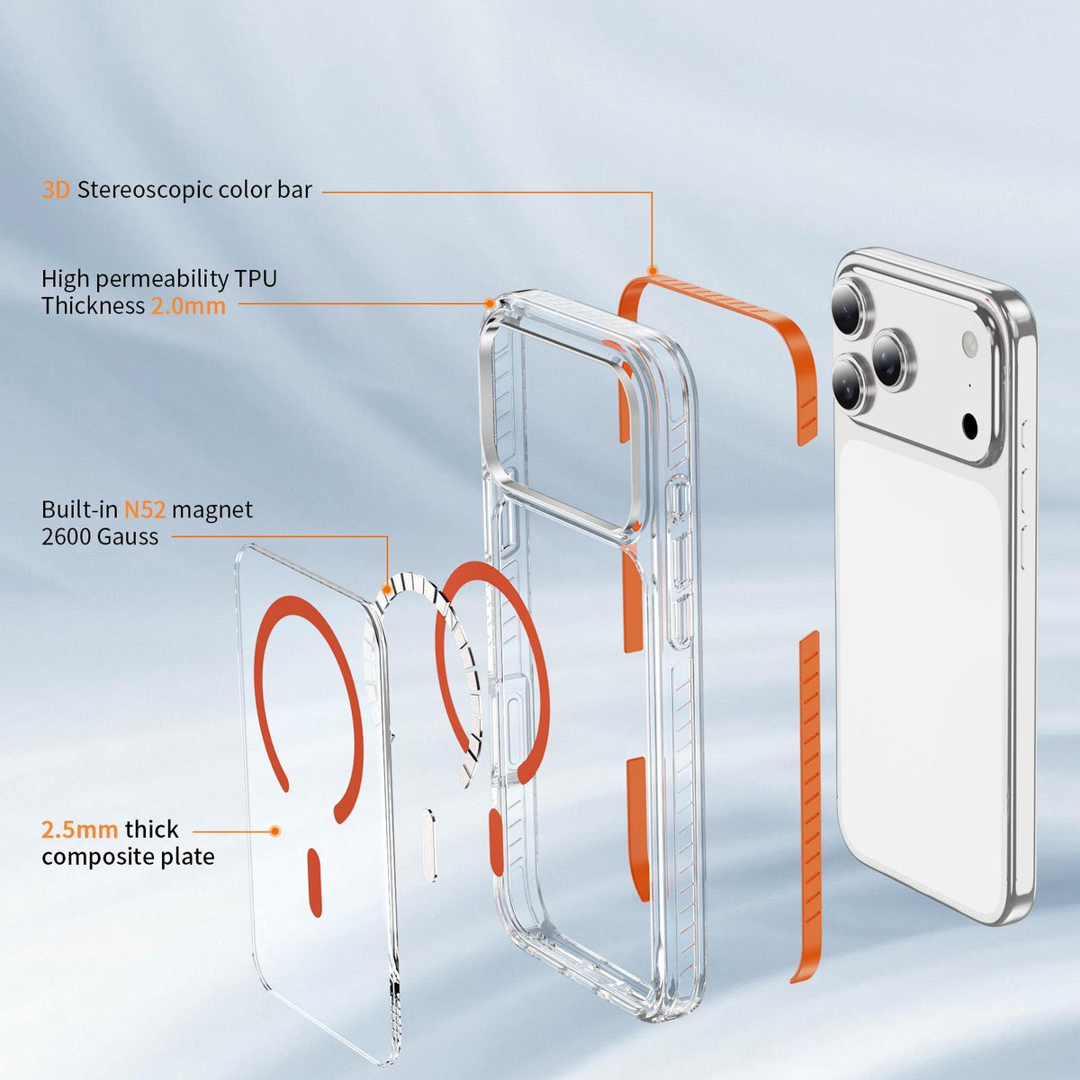 Compatible with iPhone 18 Pro Max Crystal Shield Clear Magnetic Acrylic Dual-Layer TPU Phone Case - Orange