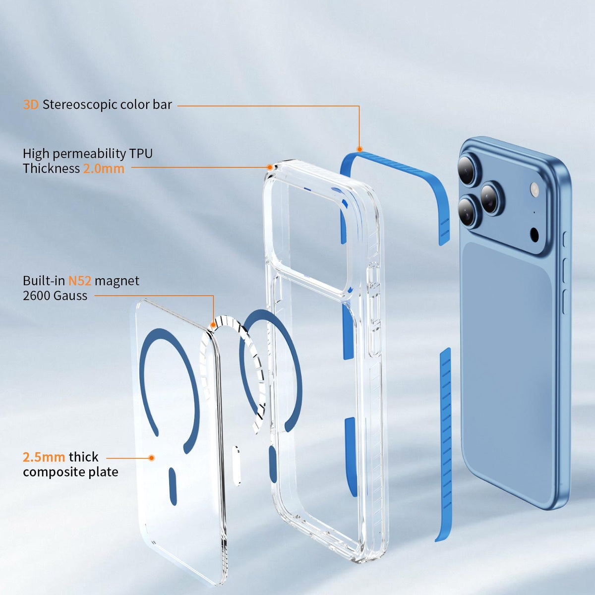 Compatible with iPhone 18 Pro Max Crystal Shield Clear Magnetic Acrylic Dual-Layer TPU Phone Case - Light Blue