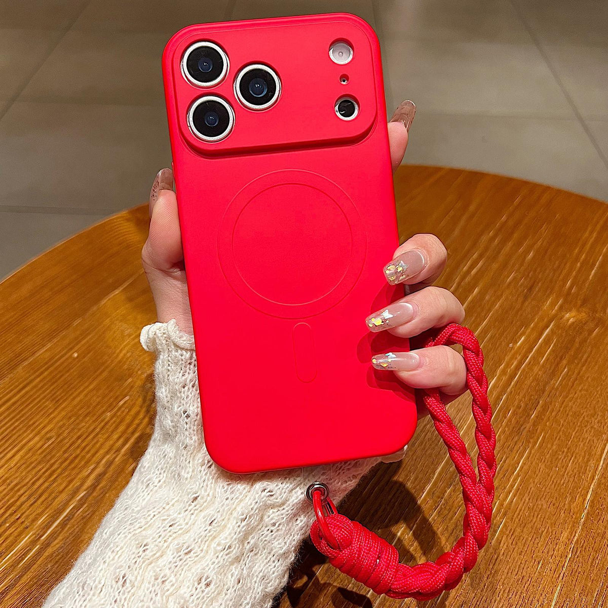Compatible with iPhone 18 Pro Max Solid Color Liquid Silicone Magnetic Phone Case with Lanyard - Red