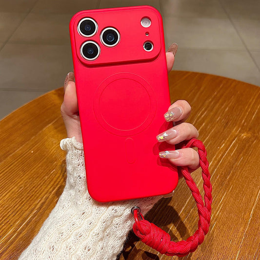 Compatible with iPhone 18 Pro Max Solid Color Liquid Silicone Magnetic Phone Case with Lanyard - Red