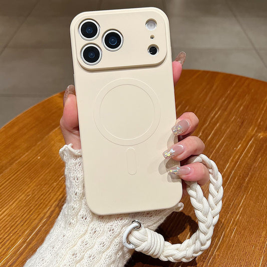 Compatible with iPhone 18 Pro Max Solid Color Liquid Silicone Magnetic Phone Case with Lanyard - Antique White