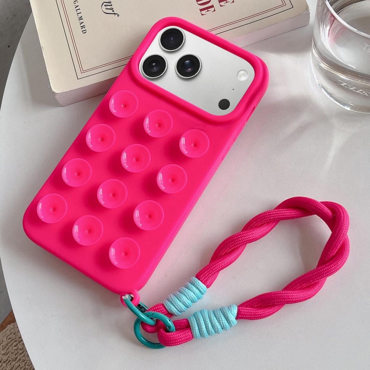 Compatible with iPhone 18 Pro Max & 17 Pro Max Simple Suction Cup Silicone Phone Case with Lanyard - Rose Red