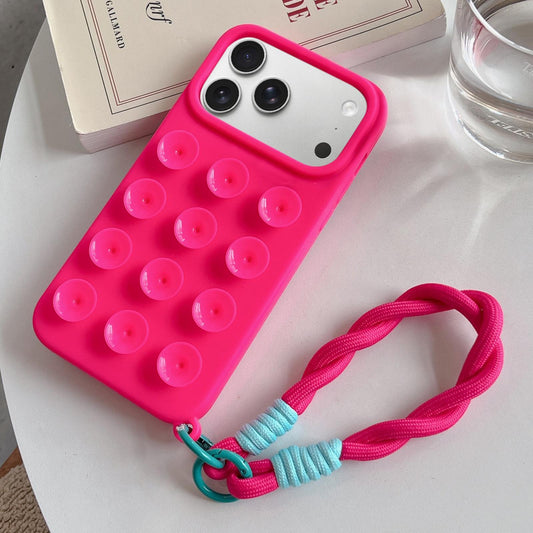 Compatible with iPhone 18 Pro Max & 17 Pro Max Simple Suction Cup Silicone Phone Case with Lanyard - Rose Red