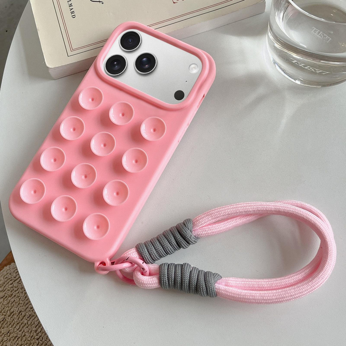 Compatible with iPhone 18 Pro & 17 Pro Simple Suction Cup Silicone Phone Case with Lanyard - Pink