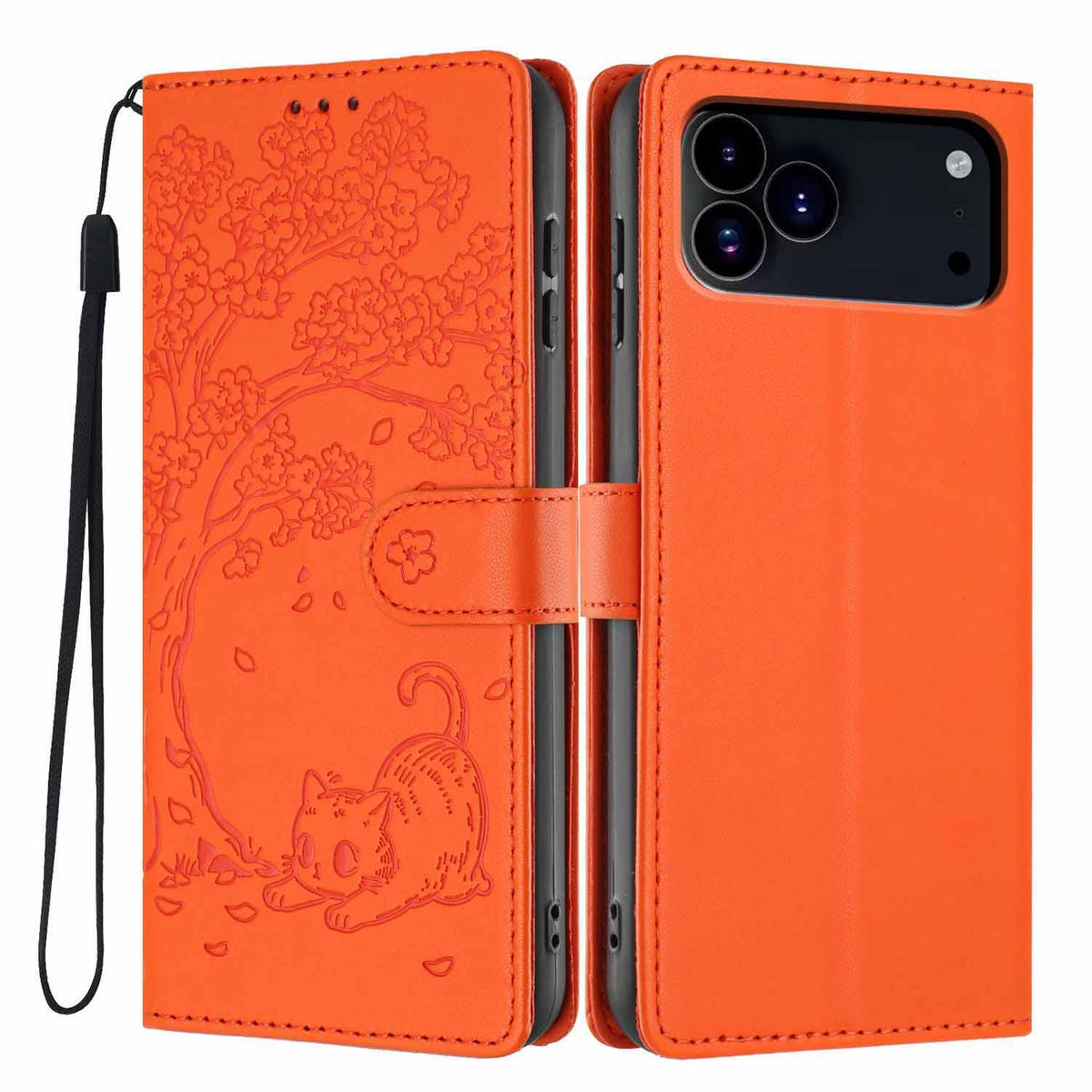 Compatible with iPhone 18 Pro Max Tree Cat Embossed Flip Vegan Leather Phone Case - Orange