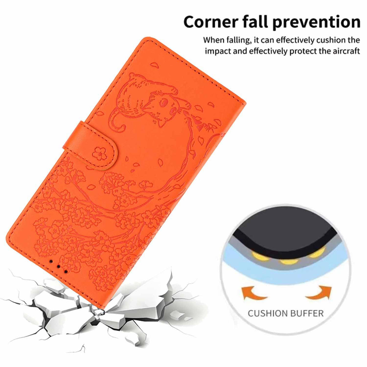 Compatible with iPhone 18 Pro Max Tree Cat Embossed Flip Vegan Leather Phone Case - Orange