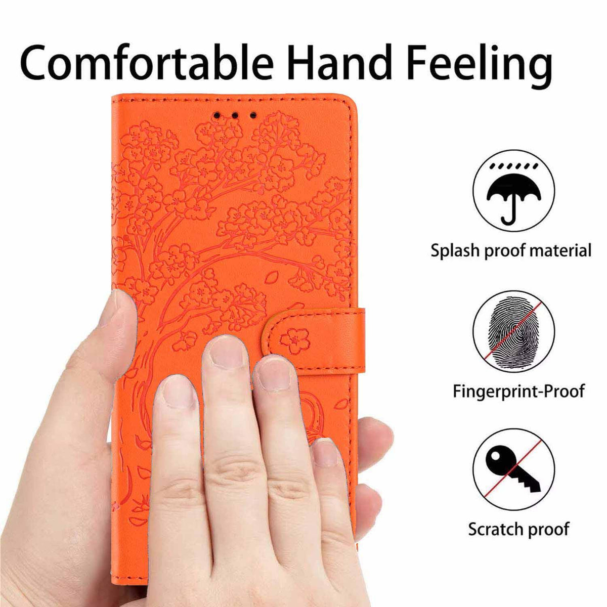 Compatible with iPhone 18 Pro Max Tree Cat Embossed Flip Vegan Leather Phone Case - Orange