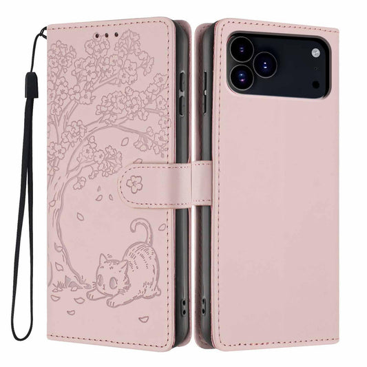 Compatible with iPhone 18 Pro Max Tree Cat Embossed Flip Vegan Leather Phone Case - Rose Gold