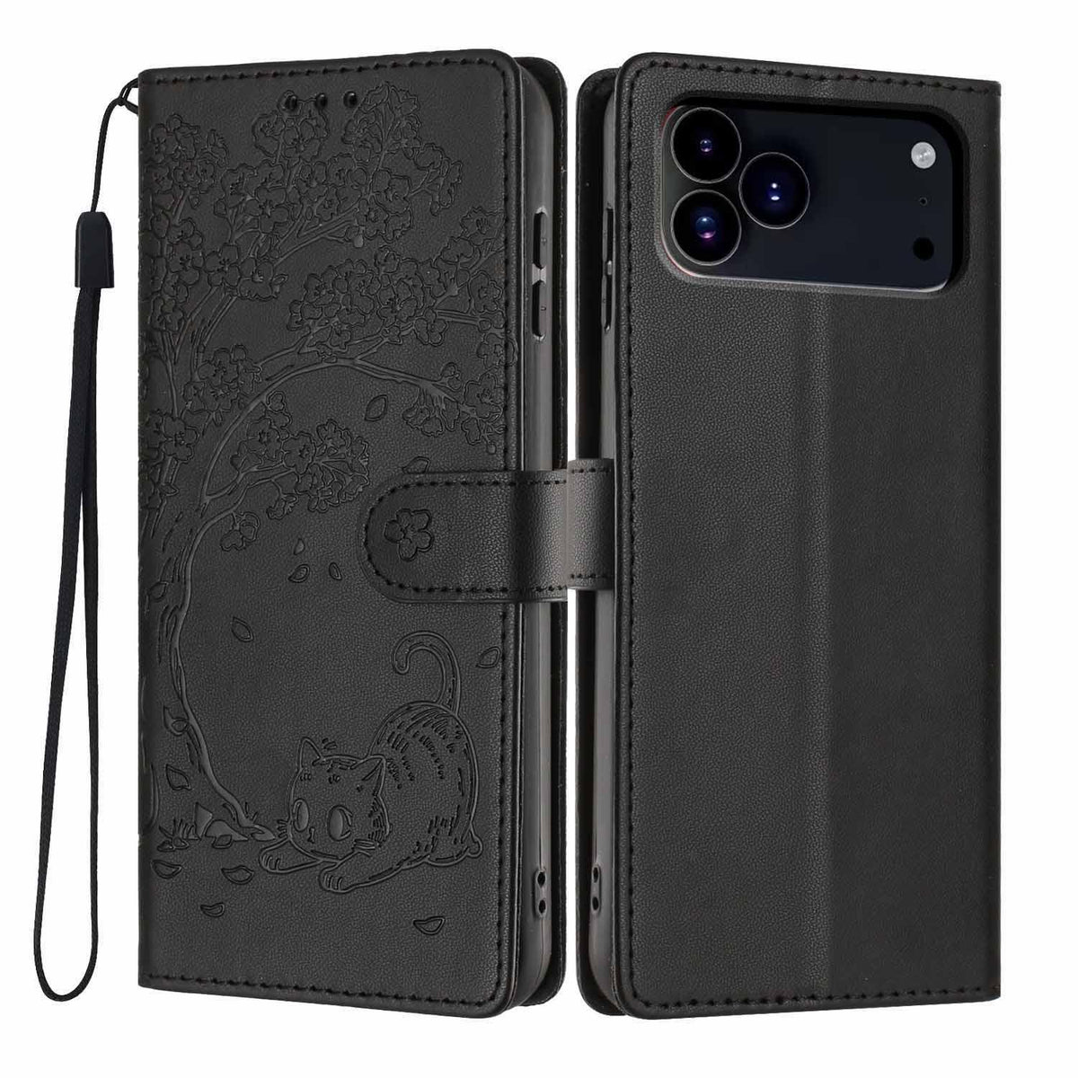 Compatible with iPhone 18 Pro Max Tree Cat Embossed Flip Vegan Leather Phone Case - Black