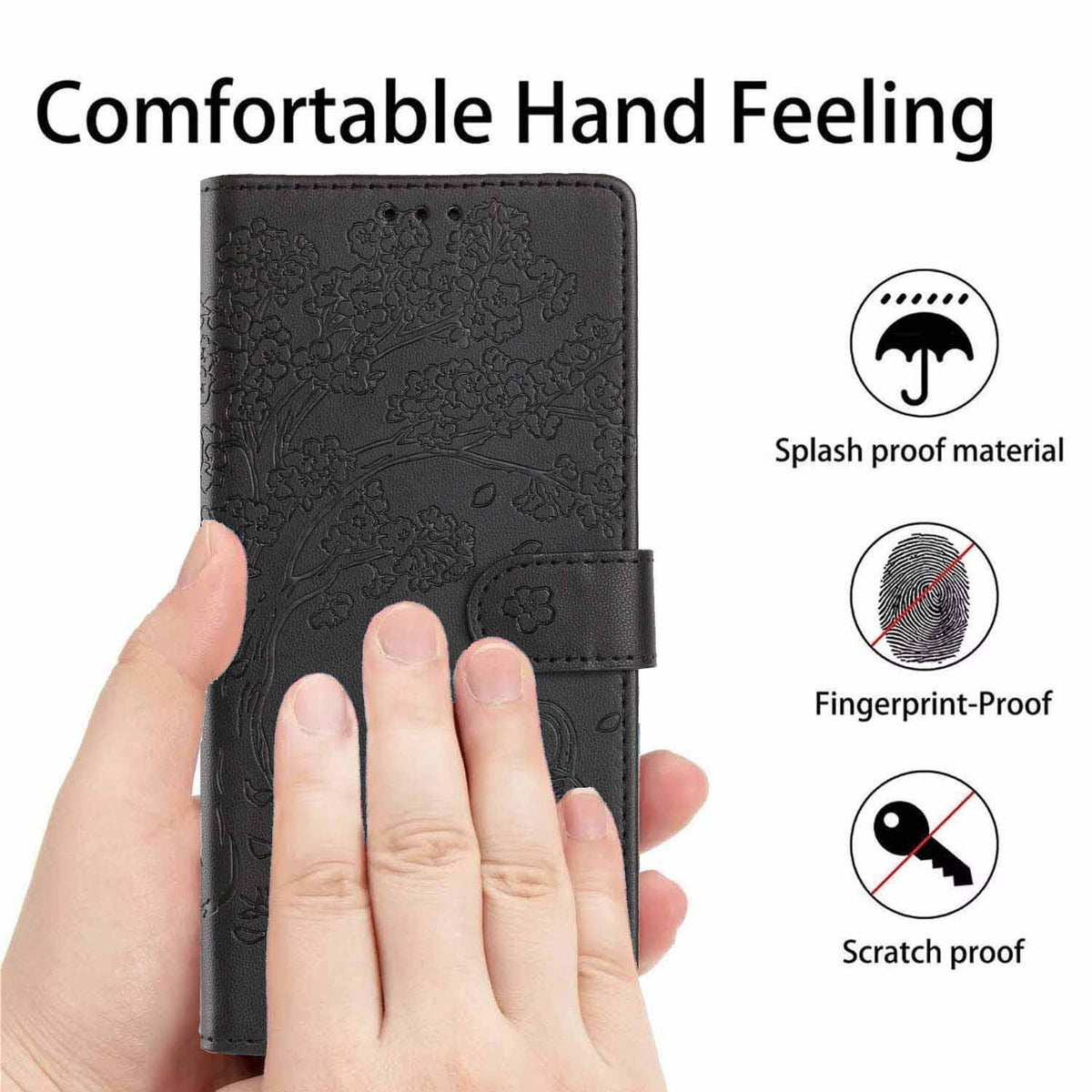 Compatible with iPhone 18 Pro Max Tree Cat Embossed Flip Vegan Leather Phone Case - Black