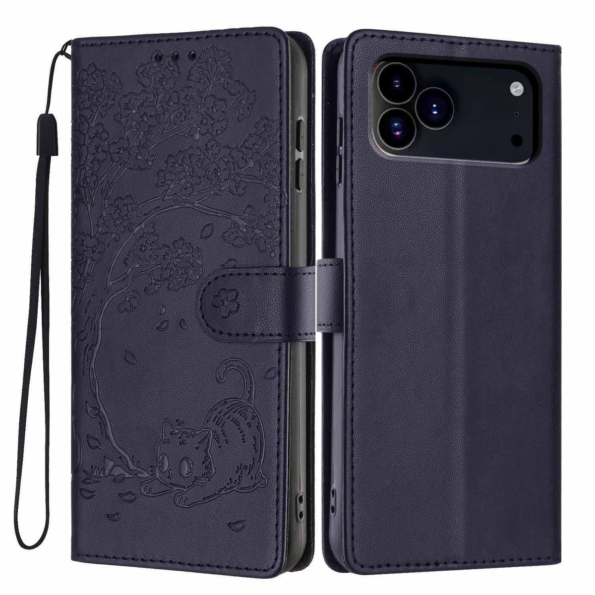 Compatible with iPhone 18 Pro Max Tree Cat Embossed Flip Vegan Leather Phone Case - Dark Blue
