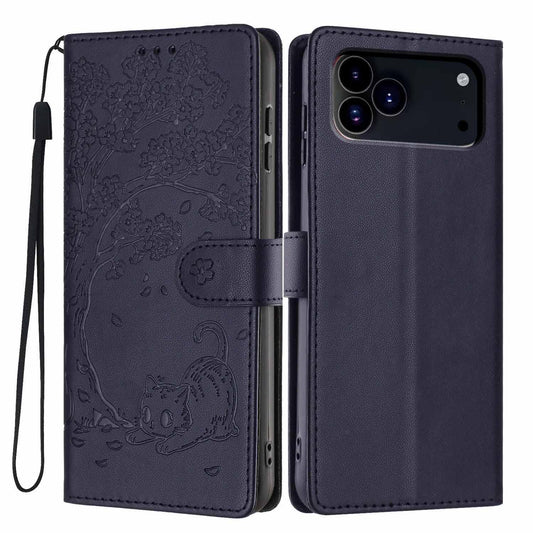 Compatible with iPhone 18 Pro Max Tree Cat Embossed Flip Vegan Leather Phone Case - Dark Blue