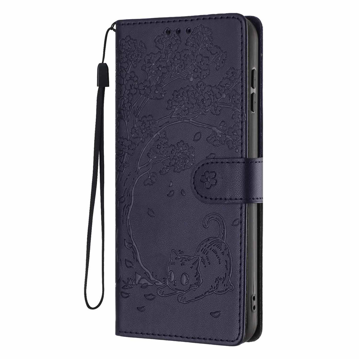 Compatible with iPhone 18 Pro Max Tree Cat Embossed Flip Vegan Leather Phone Case - Dark Blue