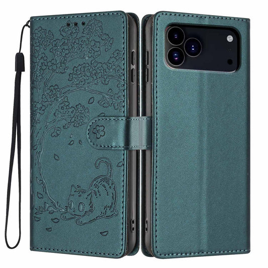 Compatible with iPhone 18 Pro Max Tree Cat Embossed Flip Vegan Leather Phone Case - Deep Green