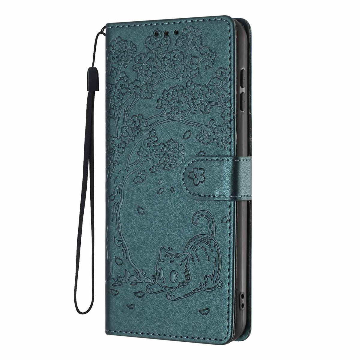 Compatible with iPhone 18 Pro Max Tree Cat Embossed Flip Vegan Leather Phone Case - Deep Green