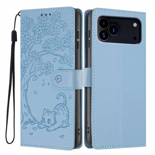 Compatible with iPhone 18 Pro Max Tree Cat Embossed Flip Vegan Leather Phone Case - Sky Blue