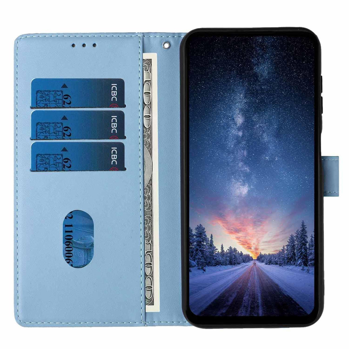 Compatible with iPhone 18 Pro Max Tree Cat Embossed Flip Vegan Leather Phone Case - Sky Blue