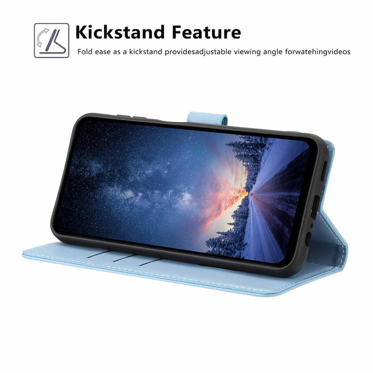 Compatible with iPhone 18 Pro Max Tree Cat Embossed Flip Vegan Leather Phone Case - Sky Blue