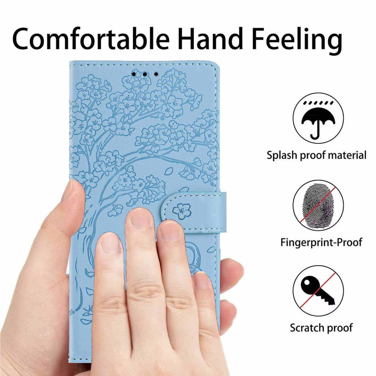 Compatible with iPhone 18 Pro Max Tree Cat Embossed Flip Vegan Leather Phone Case - Sky Blue