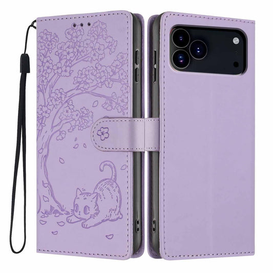 Compatible with iPhone 18 Pro Max Tree Cat Embossed Flip Vegan Leather Phone Case - Purple