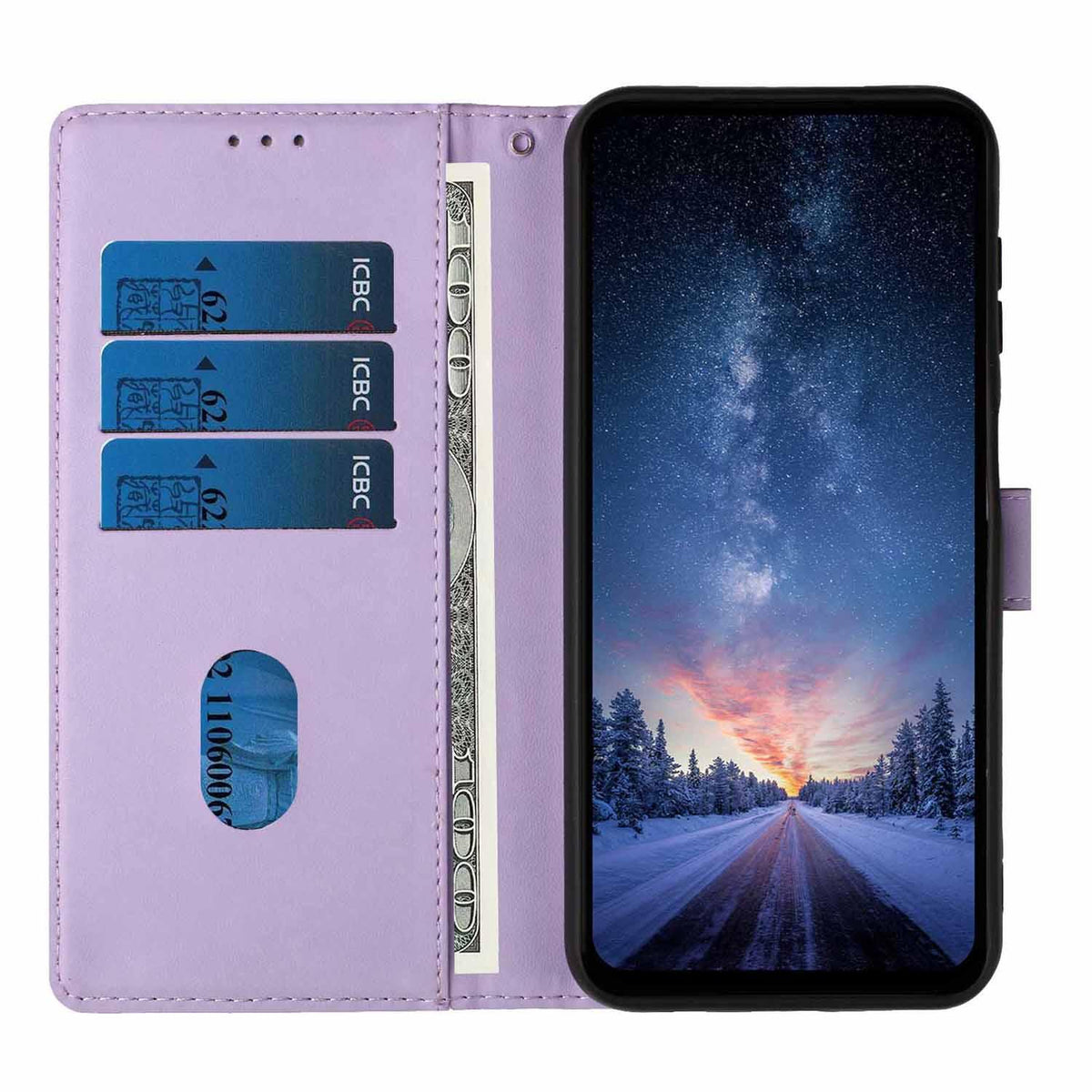 Compatible with iPhone 18 Pro Max Tree Cat Embossed Flip Vegan Leather Phone Case - Purple