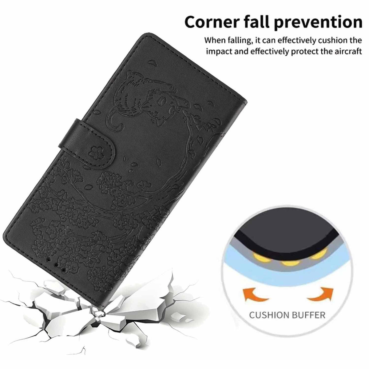 Compatible with iPhone 18 Pro Tree Cat Embossed Flip Vegan Leather Phone Case - Black