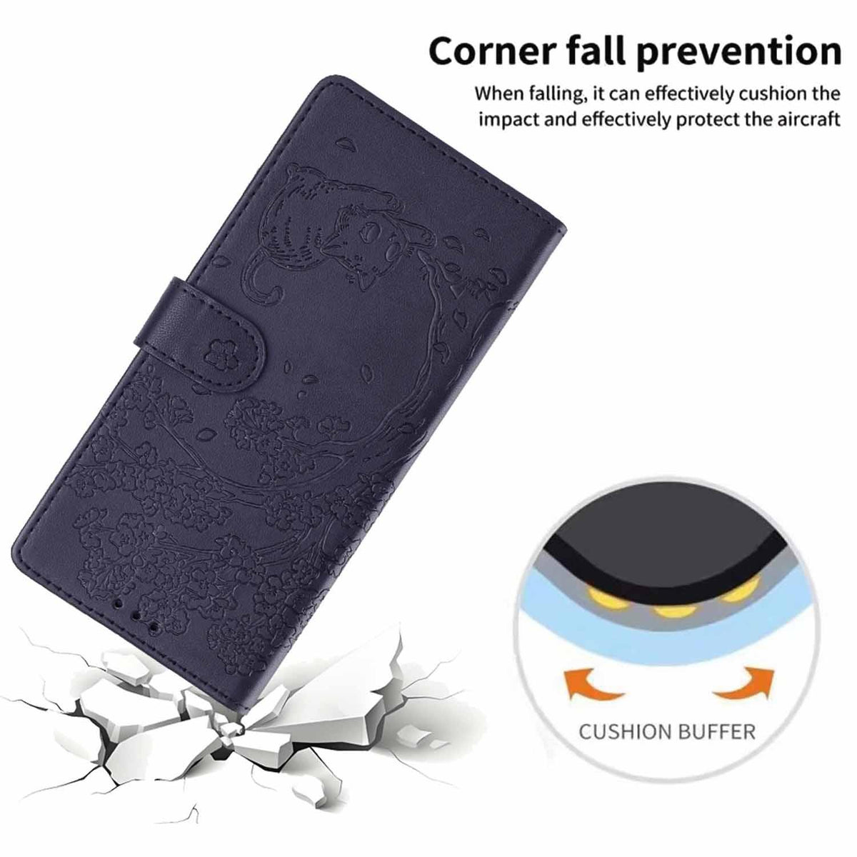 Compatible with iPhone 18 Pro Tree Cat Embossed Flip Vegan Leather Phone Case - Dark Blue