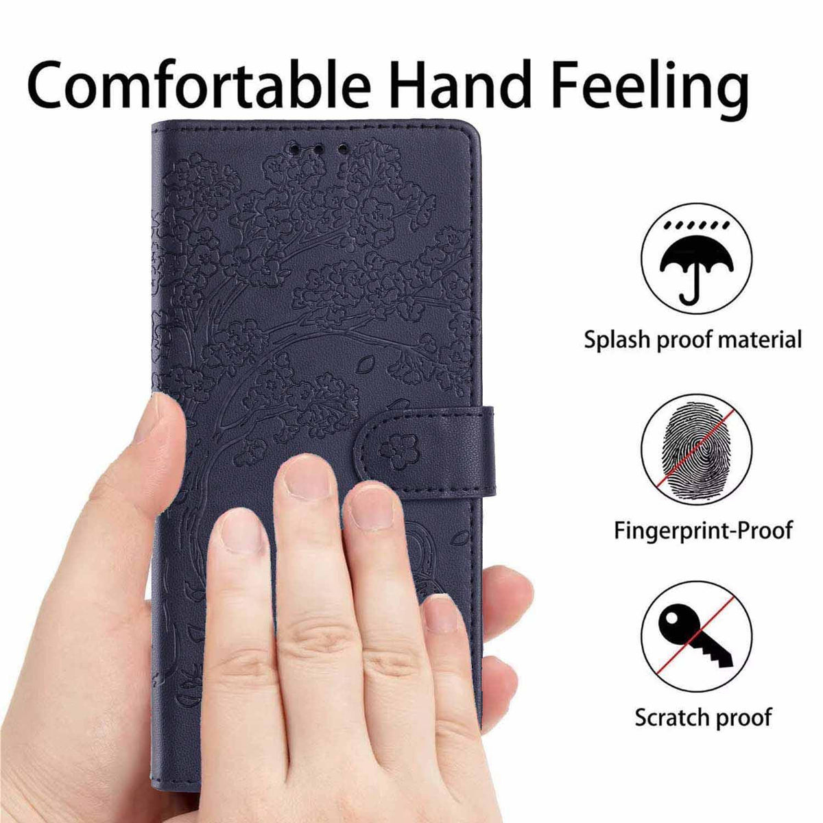 Compatible with iPhone 18 Pro Tree Cat Embossed Flip Vegan Leather Phone Case - Dark Blue