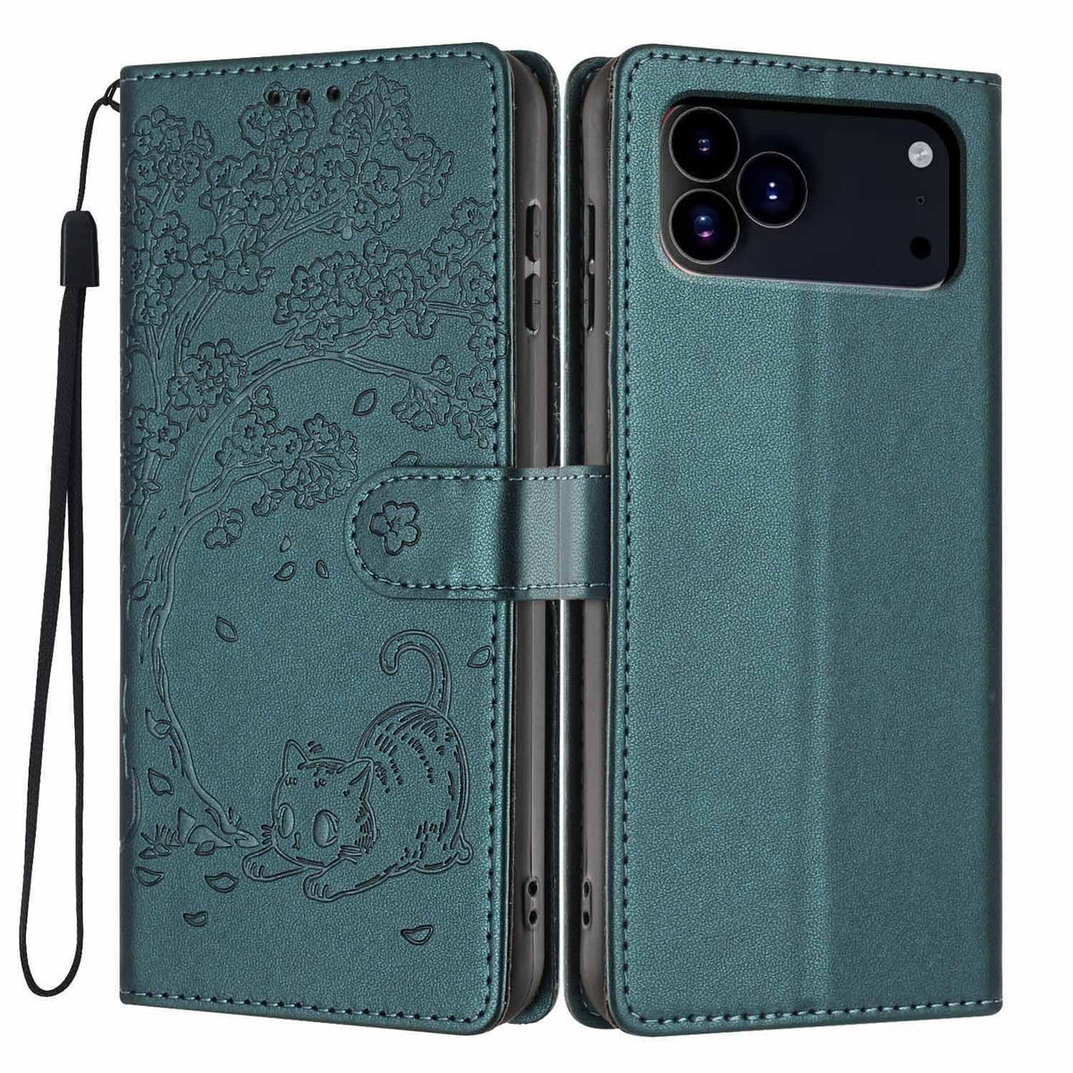 Compatible with iPhone 18 Pro Tree Cat Embossed Flip Vegan Leather Phone Case - Deep Green