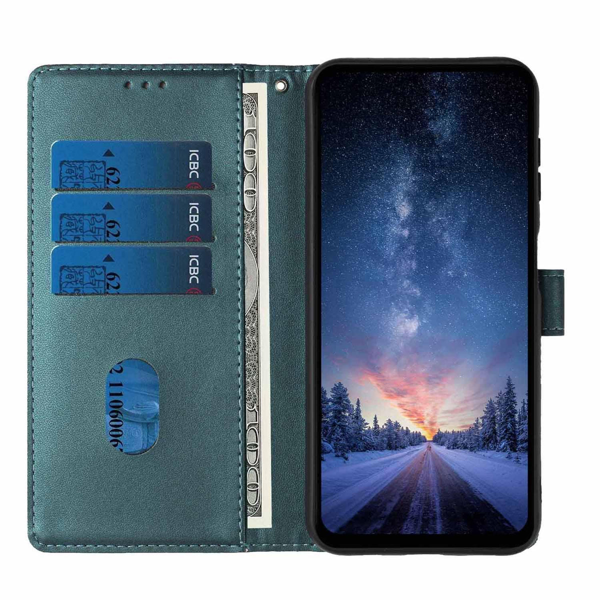 Compatible with iPhone 18 Pro Tree Cat Embossed Flip Vegan Leather Phone Case - Deep Green