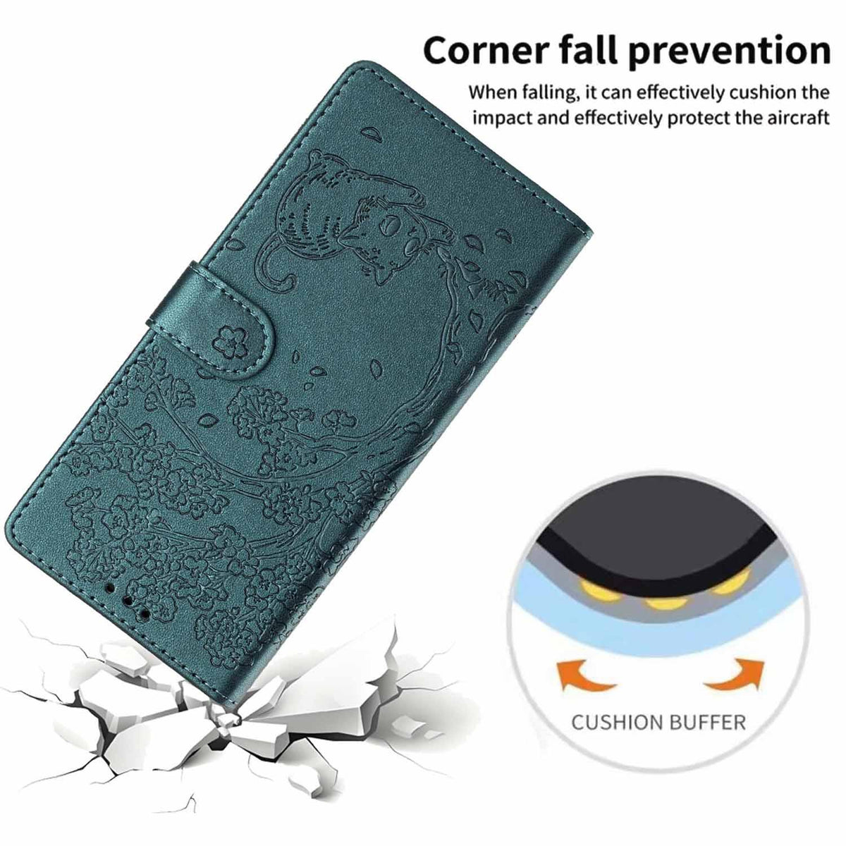 Compatible with iPhone 18 Pro Tree Cat Embossed Flip Vegan Leather Phone Case - Deep Green