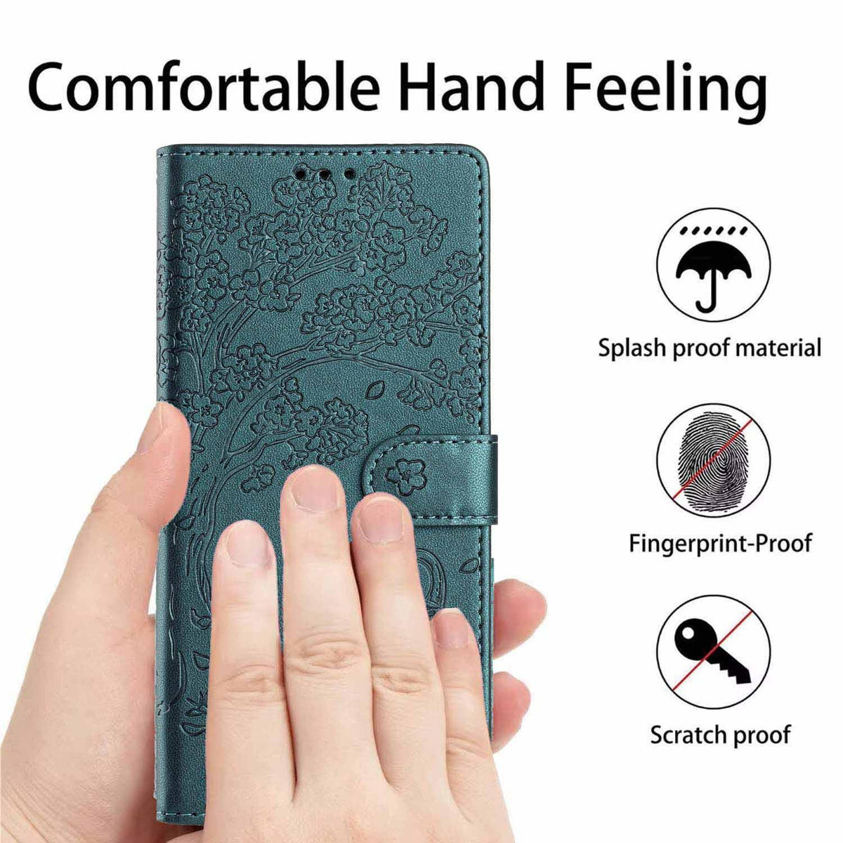 Compatible with iPhone 18 Pro Tree Cat Embossed Flip Vegan Leather Phone Case - Deep Green