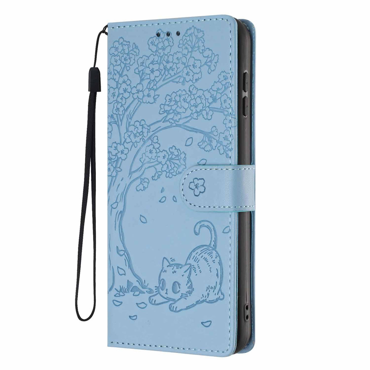 Compatible with iPhone 18 Pro Tree Cat Embossed Flip Vegan Leather Phone Case - Sky Blue