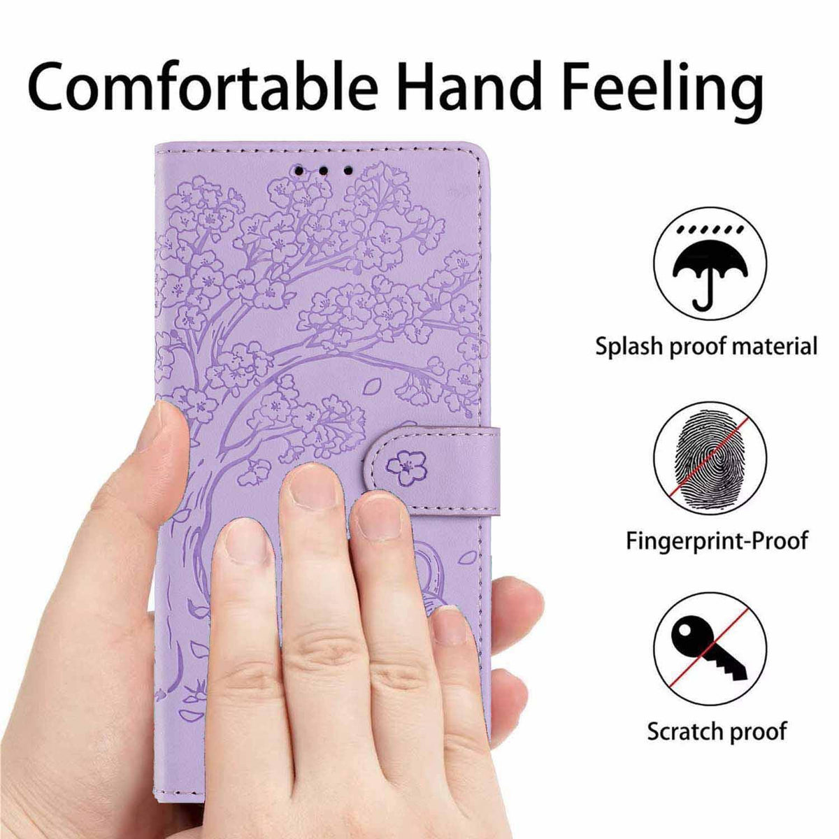 Compatible with iPhone 18 Pro Tree Cat Embossed Flip Vegan Leather Phone Case - Purple