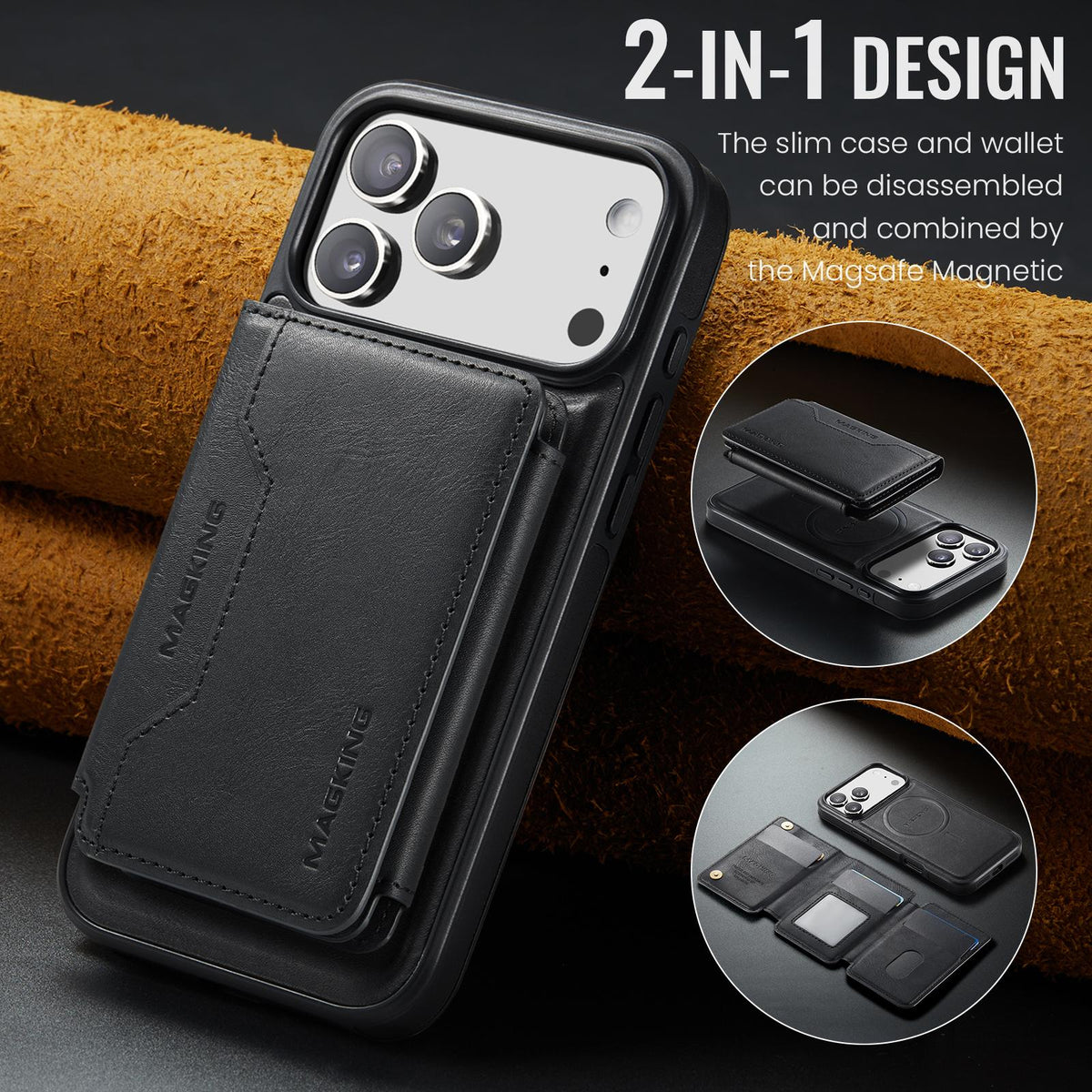 Compatible with iPhone 18 Pro Max & 17 Pro Max MAGKING K3 Series MagSafe RFID K3 Pro Card Bag Detachable Phone Case - Black