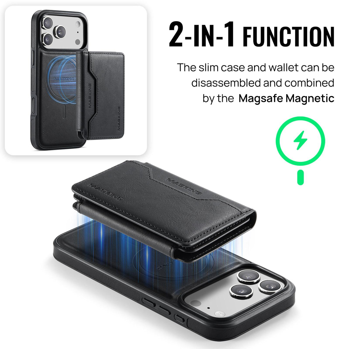 Compatible with iPhone 18 Pro Max & 17 Pro Max MAGKING K3 Series MagSafe RFID K3 Pro Card Bag Detachable Phone Case - Black