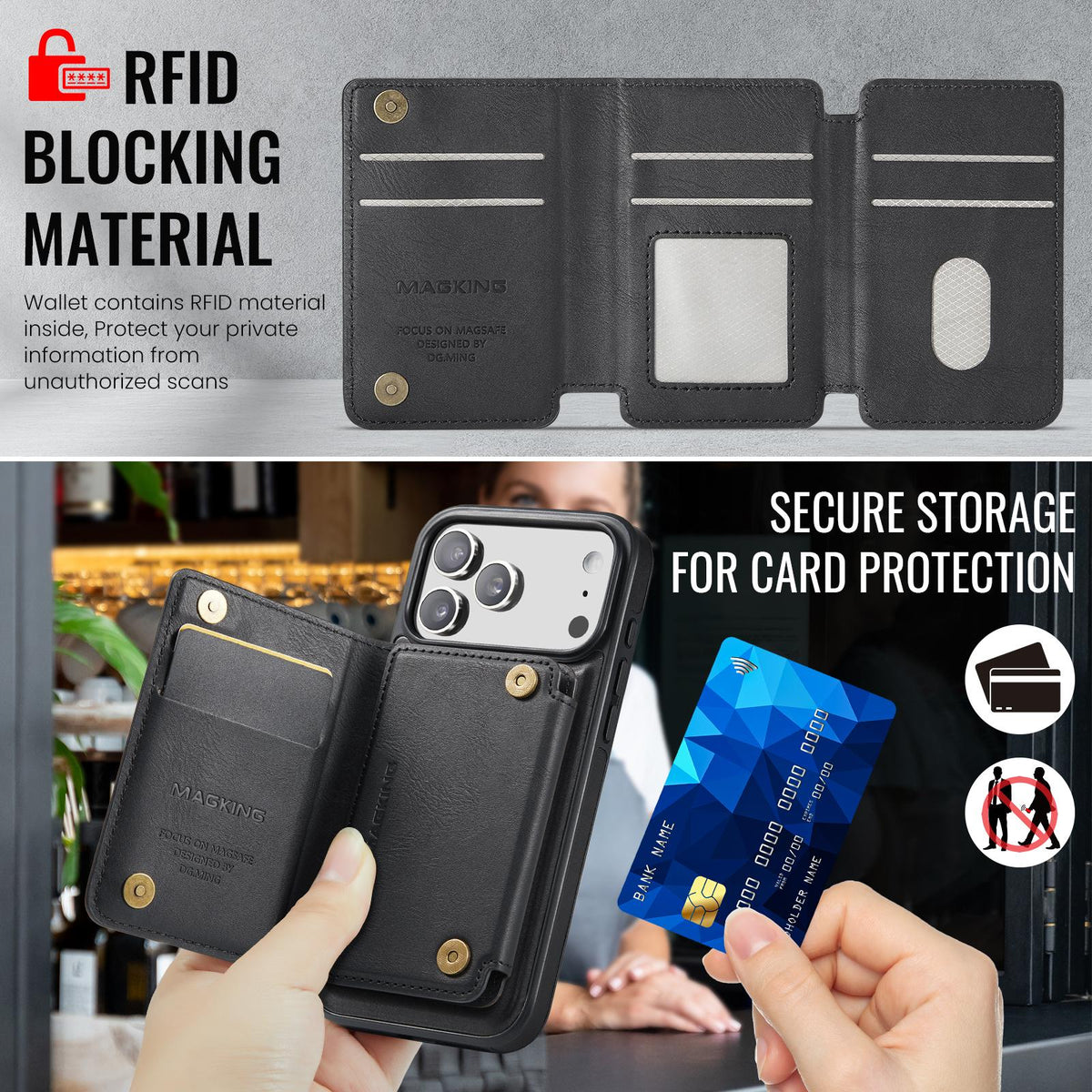 Compatible with iPhone 18 Pro Max & 17 Pro Max MAGKING K3 Series MagSafe RFID K3 Pro Card Bag Detachable Phone Case - Black