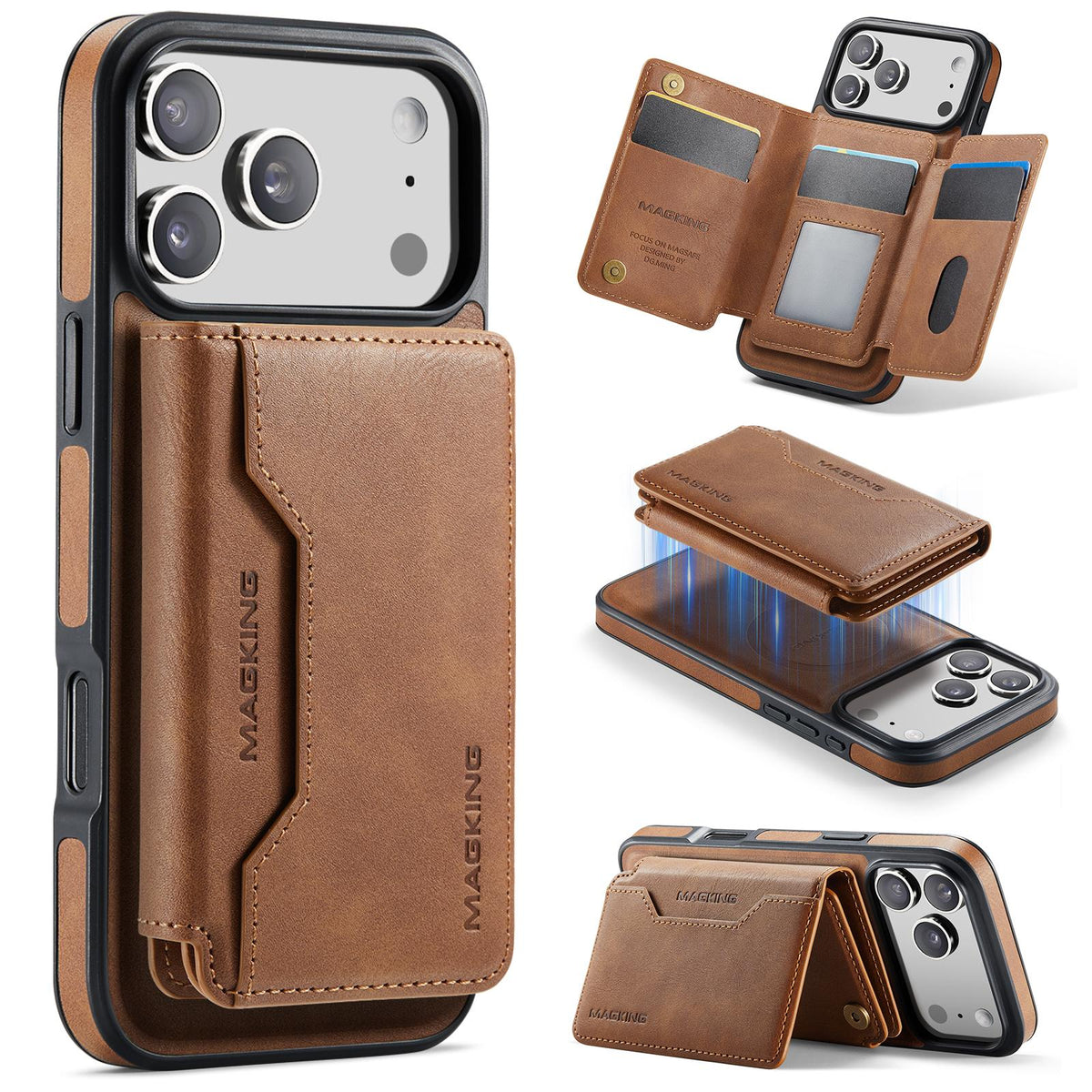Compatible with iPhone 18 Pro Max & 17 Pro Max MAGKING K3 Series MagSafe RFID K3 Pro Card Bag Detachable Phone Case - Brown