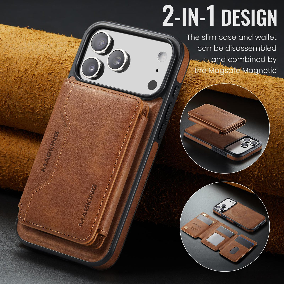 Compatible with iPhone 18 Pro Max & 17 Pro Max MAGKING K3 Series MagSafe RFID K3 Pro Card Bag Detachable Phone Case - Brown