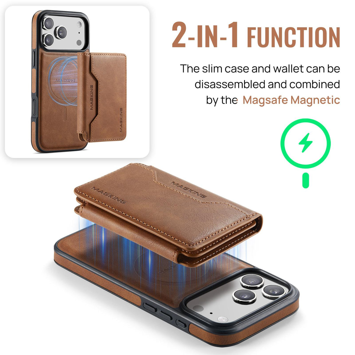 Compatible with iPhone 18 Pro Max & 17 Pro Max MAGKING K3 Series MagSafe RFID K3 Pro Card Bag Detachable Phone Case - Brown